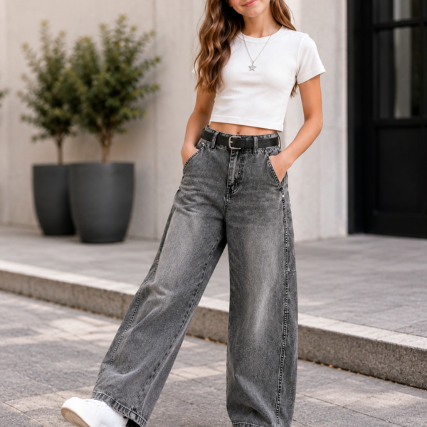 Spodnie jeansowe dziewczęce VERA Wide Leg – grafitowe | Happy House
