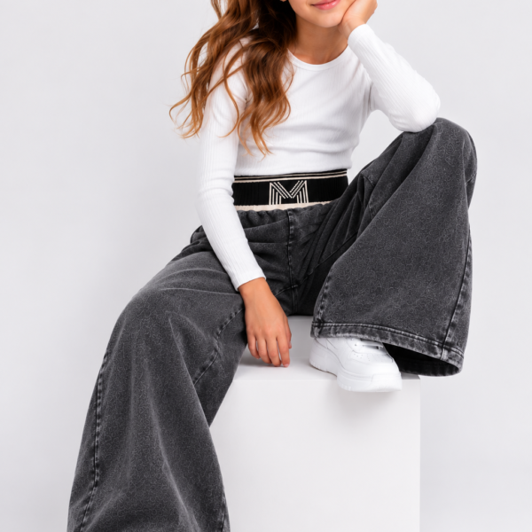 Spodnie dziewczęce SELENE – grafitowe szerokie Stone Washed