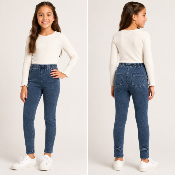Dziewczęce legginsy a’la jeans z kokardkami – 3 kolory