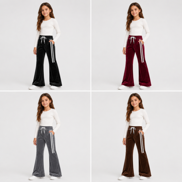 Spodnie dla dziewczynki welurowe dzwony VELVET STRIPE – 4 kolory